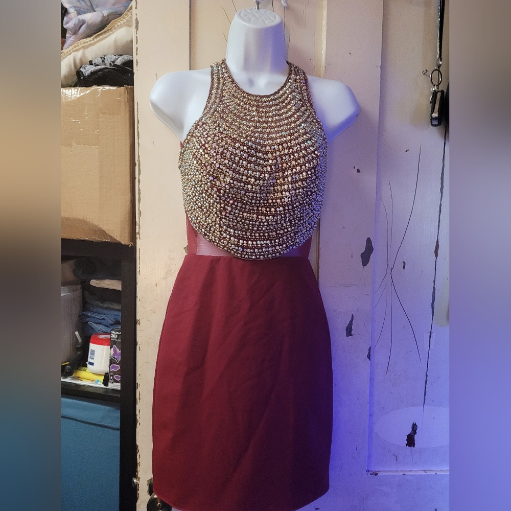 Vienna Prom Gold Embellished Halter Sheath Dress